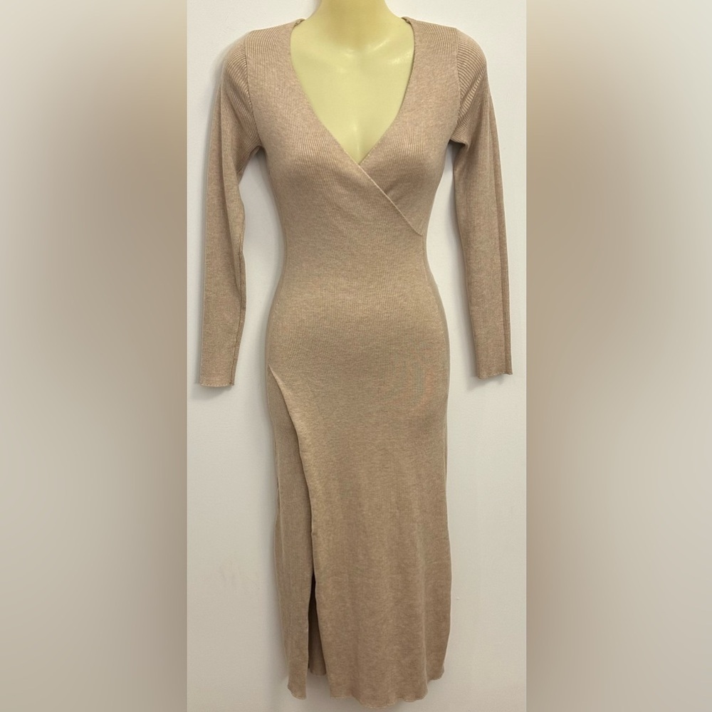 ASTR the Label Ribbed Long Sleeve Fitted Faux Wrap Dress with High Slit Slit XS